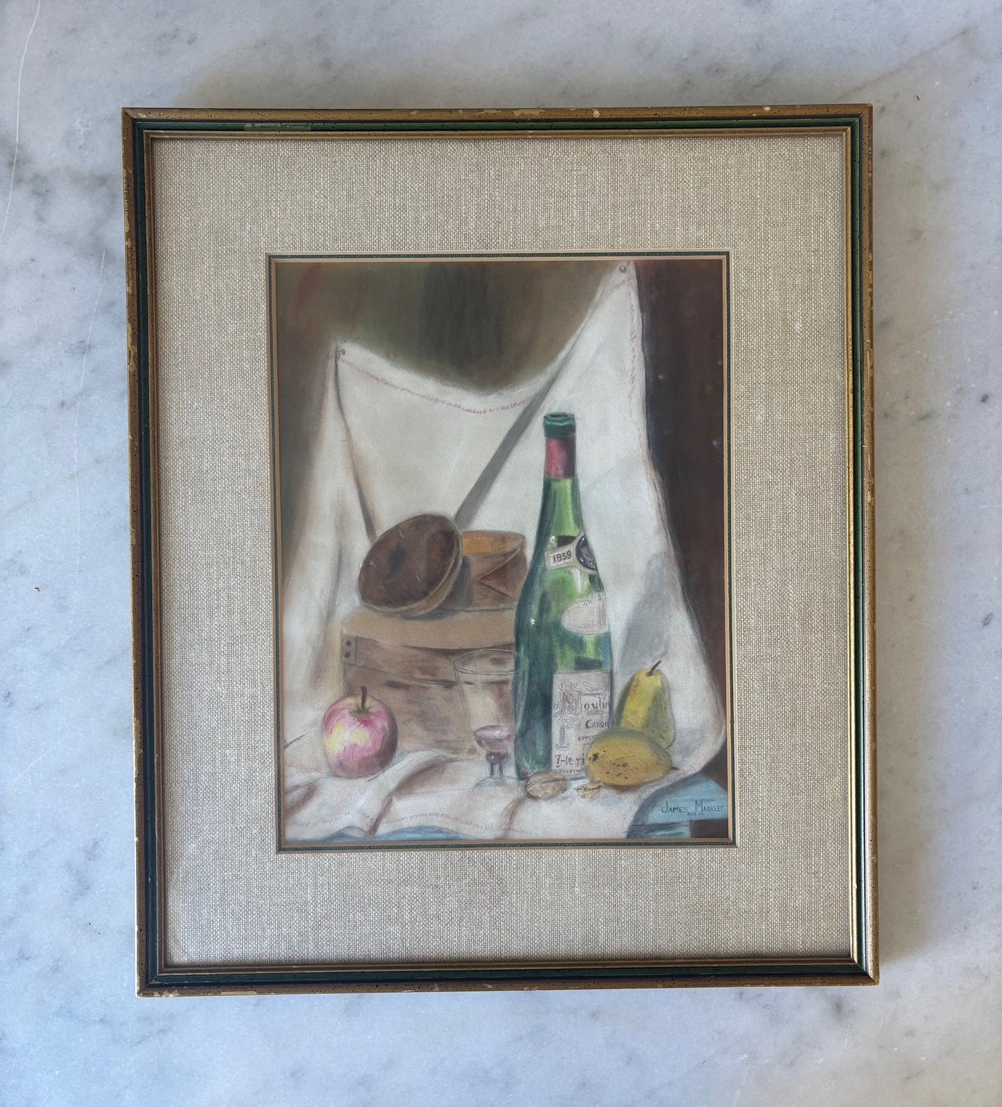 Item #33 Still Life Picnic Painting, Gold Framed