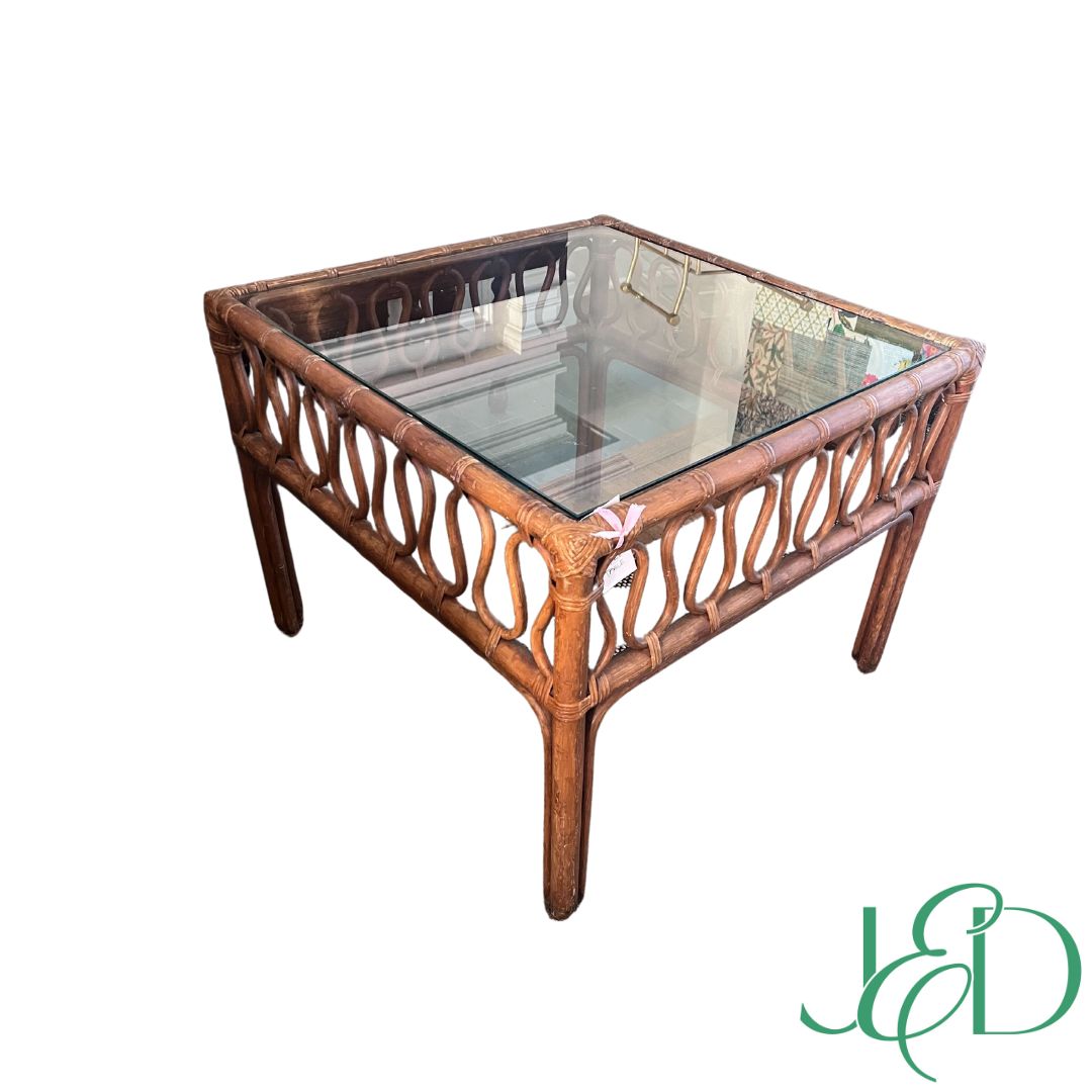 Item #54 Rattan and Glass Coffee Table 27"x27"