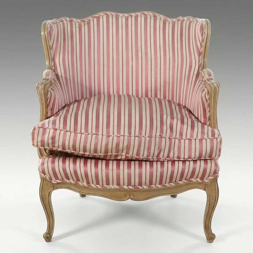 Item #785 Louis XV Style Bergère in Red and Cream Striped Upholstery