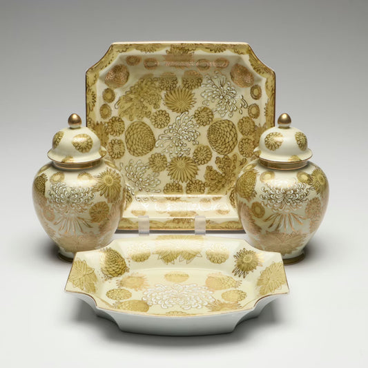 Item #67 Gilt Floral Ginger Jars and Trays, Andrea by Sadek