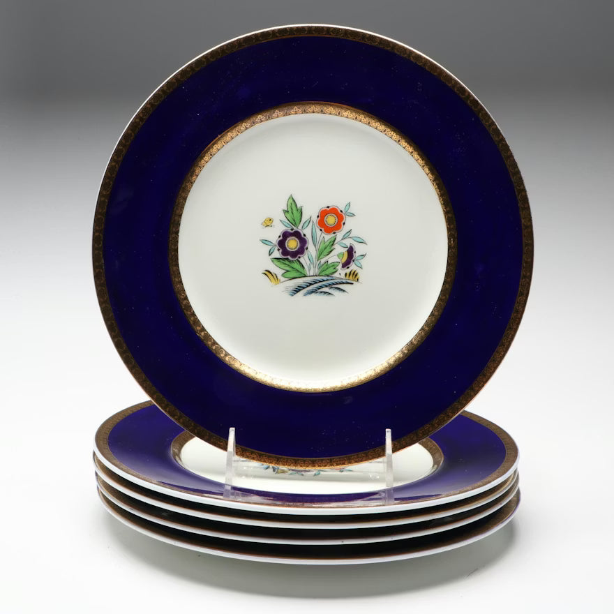 Item #776 Minton Enameled Floral Motif Porcelain Set of 5 Dinner Plates