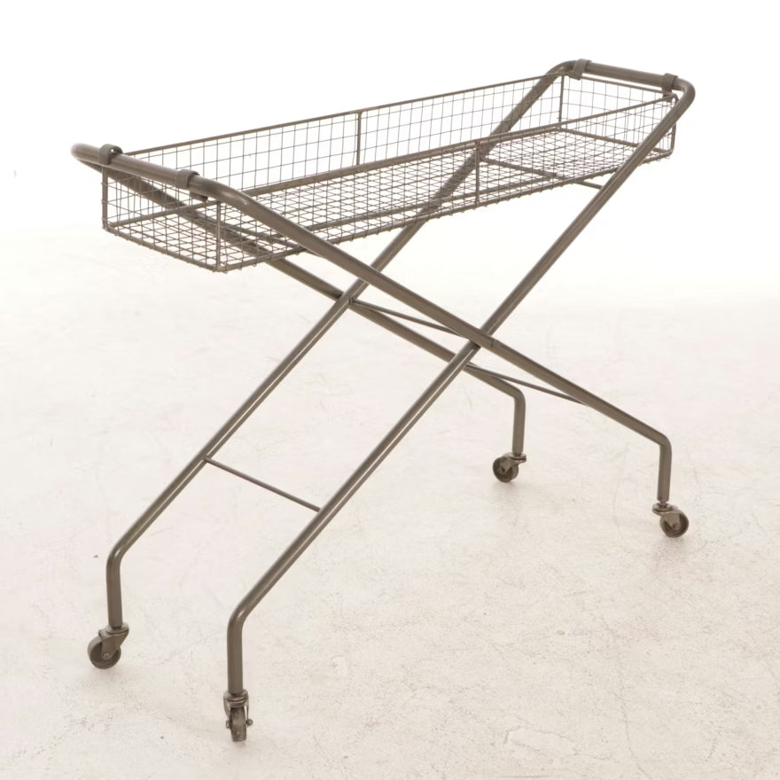 Item #52 Industrial Style Rolling Wire Mesh Basket Hall Table, 21st Century
