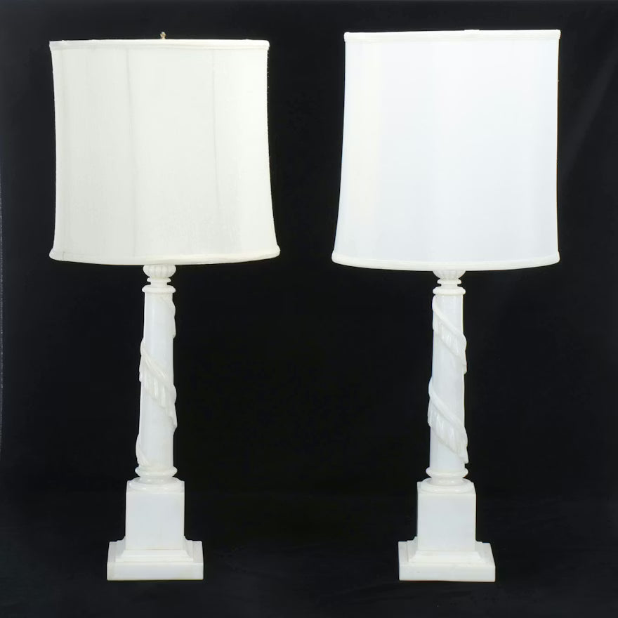 Item #779 Pair of Carved Marble Candlestick Table Lamps with Drum Shades