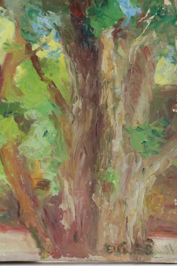 Item #34 Ella Bird Smith Oil Painting of Rooftop with Tree, 20th Century, Unframed 13"x15"