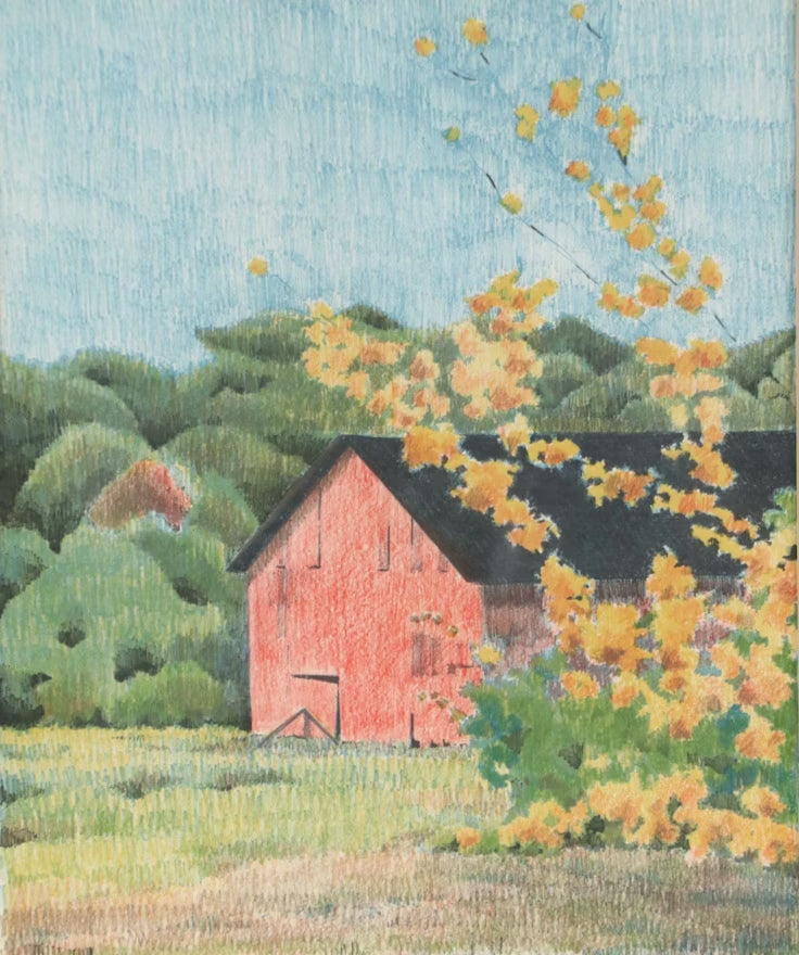 Item #795 Colored Pencil Drawing of Rural Red Barn, Late 20th Century