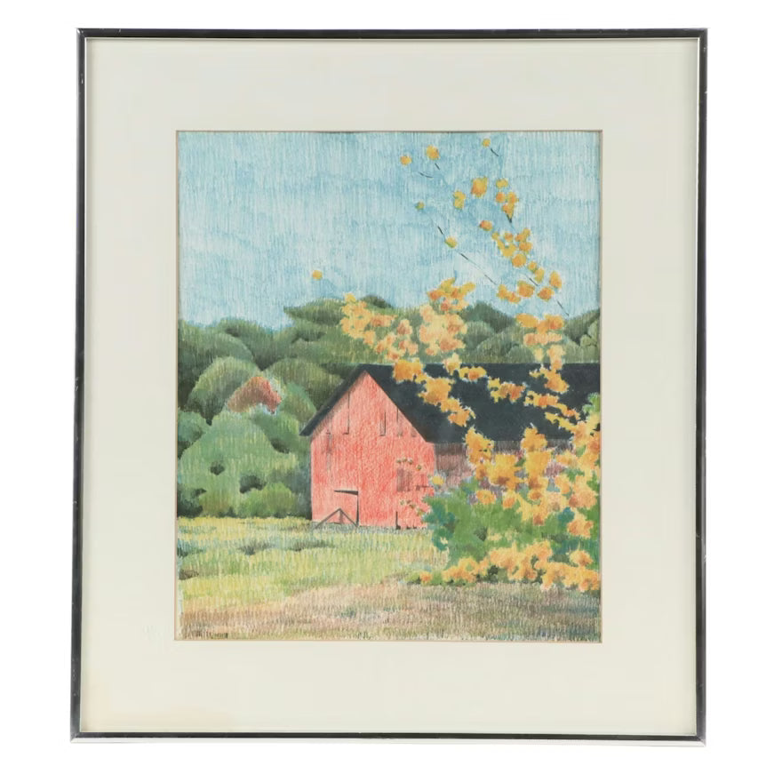 Item #795 Colored Pencil Drawing of Rural Red Barn, Late 20th Century