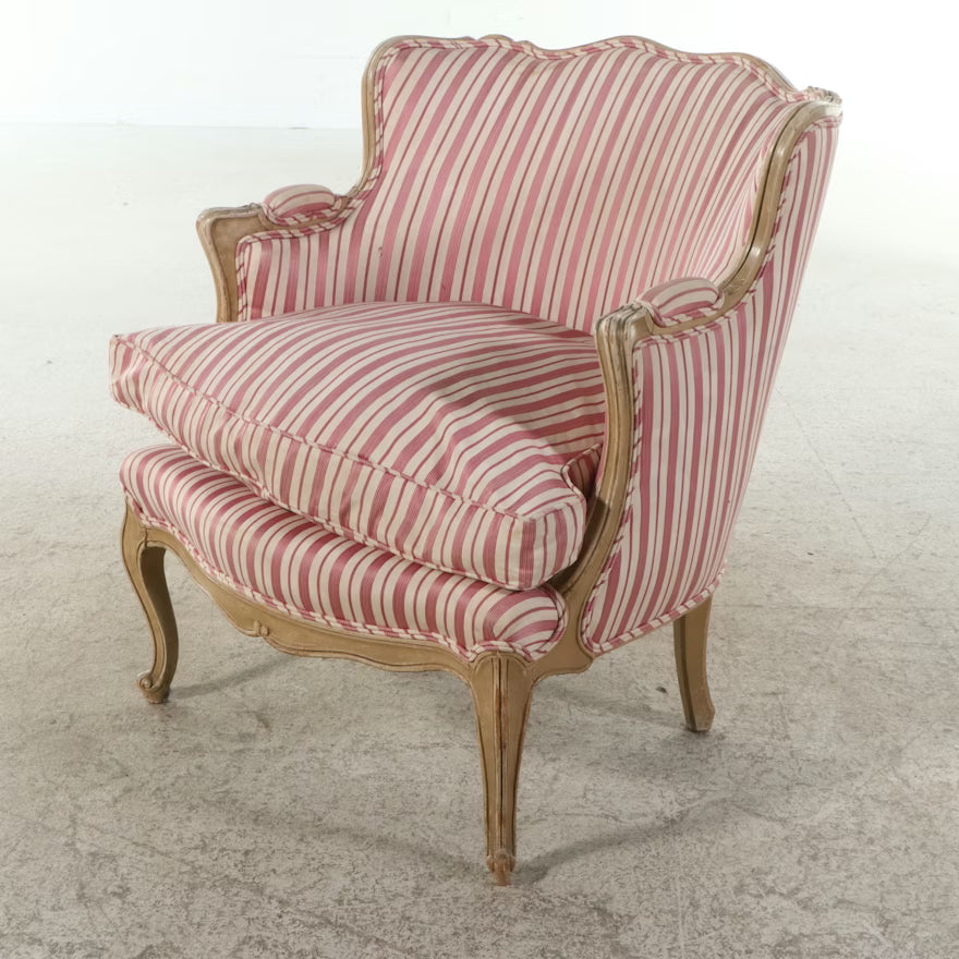 Item #785 Louis XV Style Bergère in Red and Cream Striped Upholstery