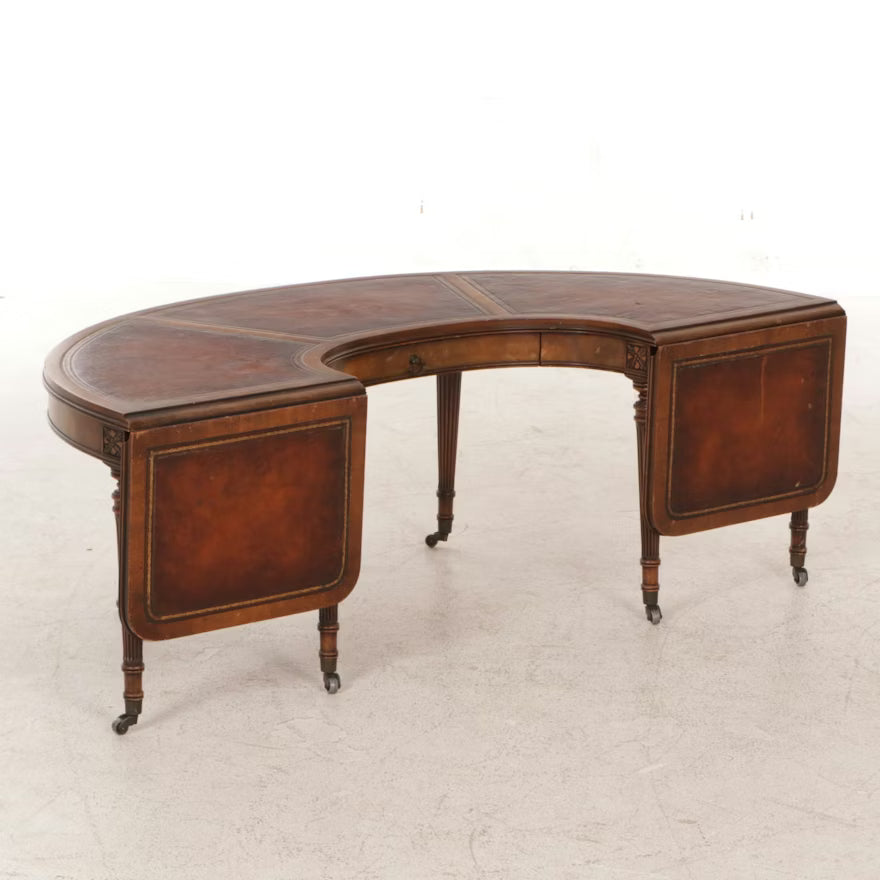 Item #830 Half Moon Mahogany Coffee Table with Tooled Leather