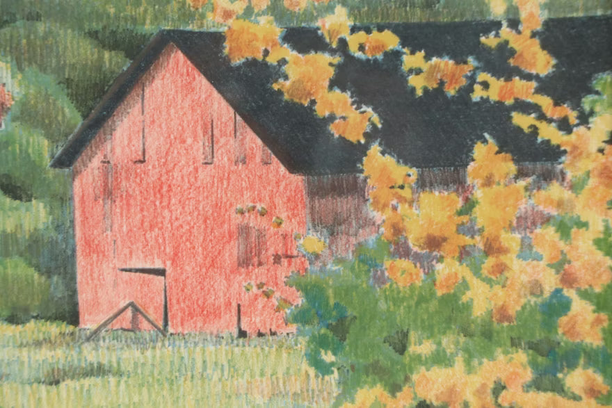 Item #795 Colored Pencil Drawing of Rural Red Barn, Late 20th Century