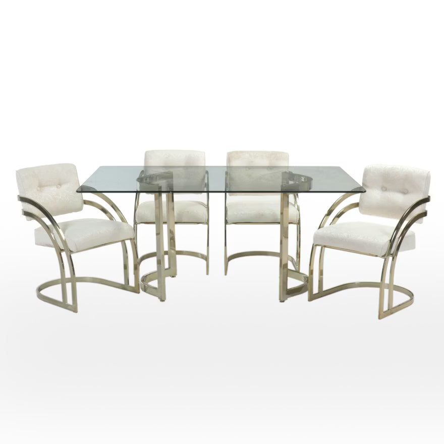 Item #637 Postmodernist Brass Tone Metal and Glass Top Dining Table with Four Chairs