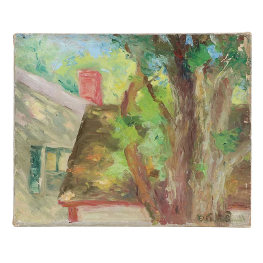 Item #34 Ella Bird Smith Oil Painting of Rooftop with Tree, 20th Century, Unframed 13"x15"