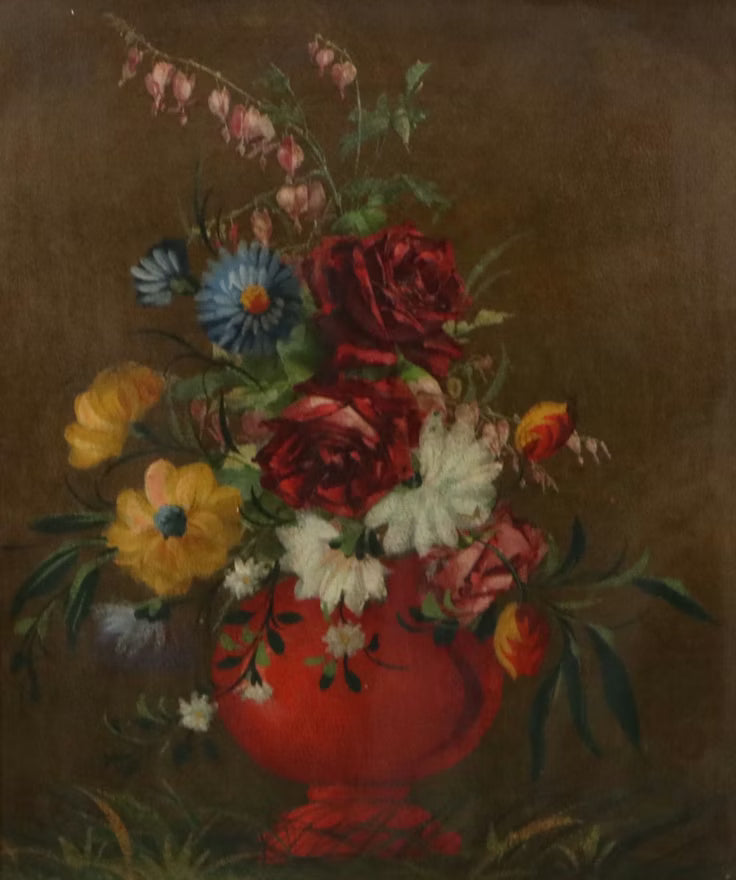 Item # 774 Oil Painting of Bouquet in Red Vase, Mid-20th Century Art