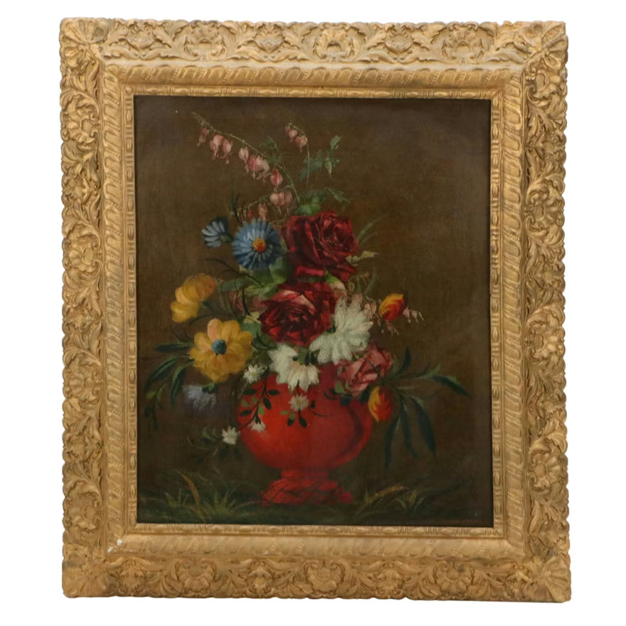 Item # 774 Oil Painting of Bouquet in Red Vase, Mid-20th Century Art