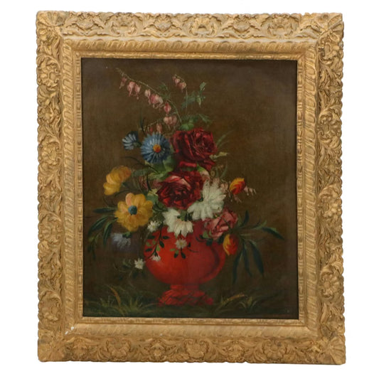 Item # 774 Oil Painting of Bouquet in Red Vase, Mid-20th Century Art