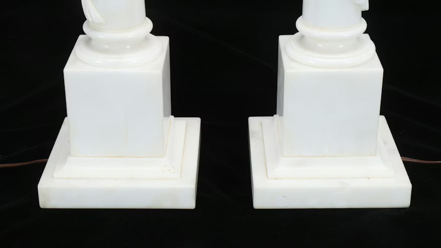 Item #779 Pair of Carved Marble Candlestick Table Lamps with Drum Shades