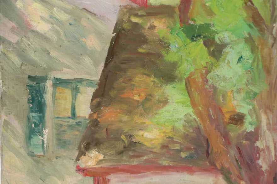 Item #34 Ella Bird Smith Oil Painting of Rooftop with Tree, 20th Century, Unframed 13"x15"