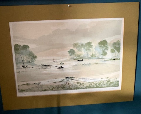 Item #28 Claude Casati Seafoam Green Monochrome "Seascape" Chromolithograph, 1972, Unframed 22"x28"