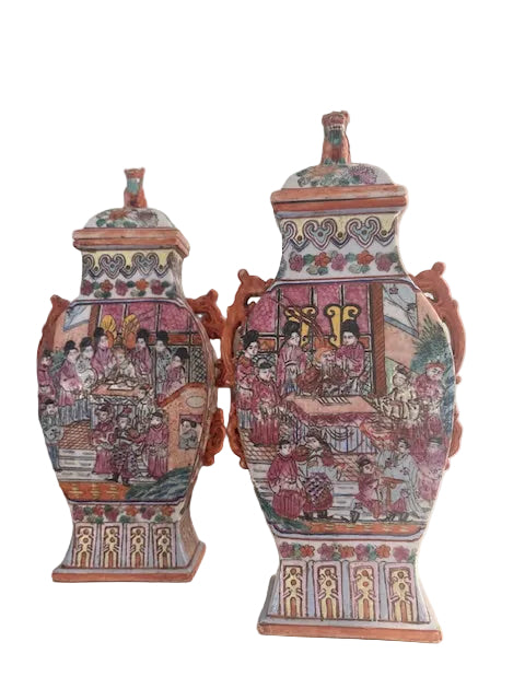 Item #618 PAIR Chinese Famille Rose Porcelain Lidded Vessels