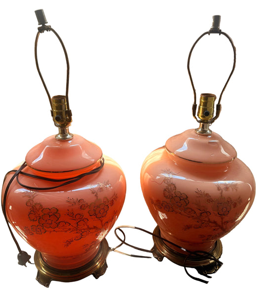 Item #941 Vintage Coral and Gold Ginger Jar Lamp Set