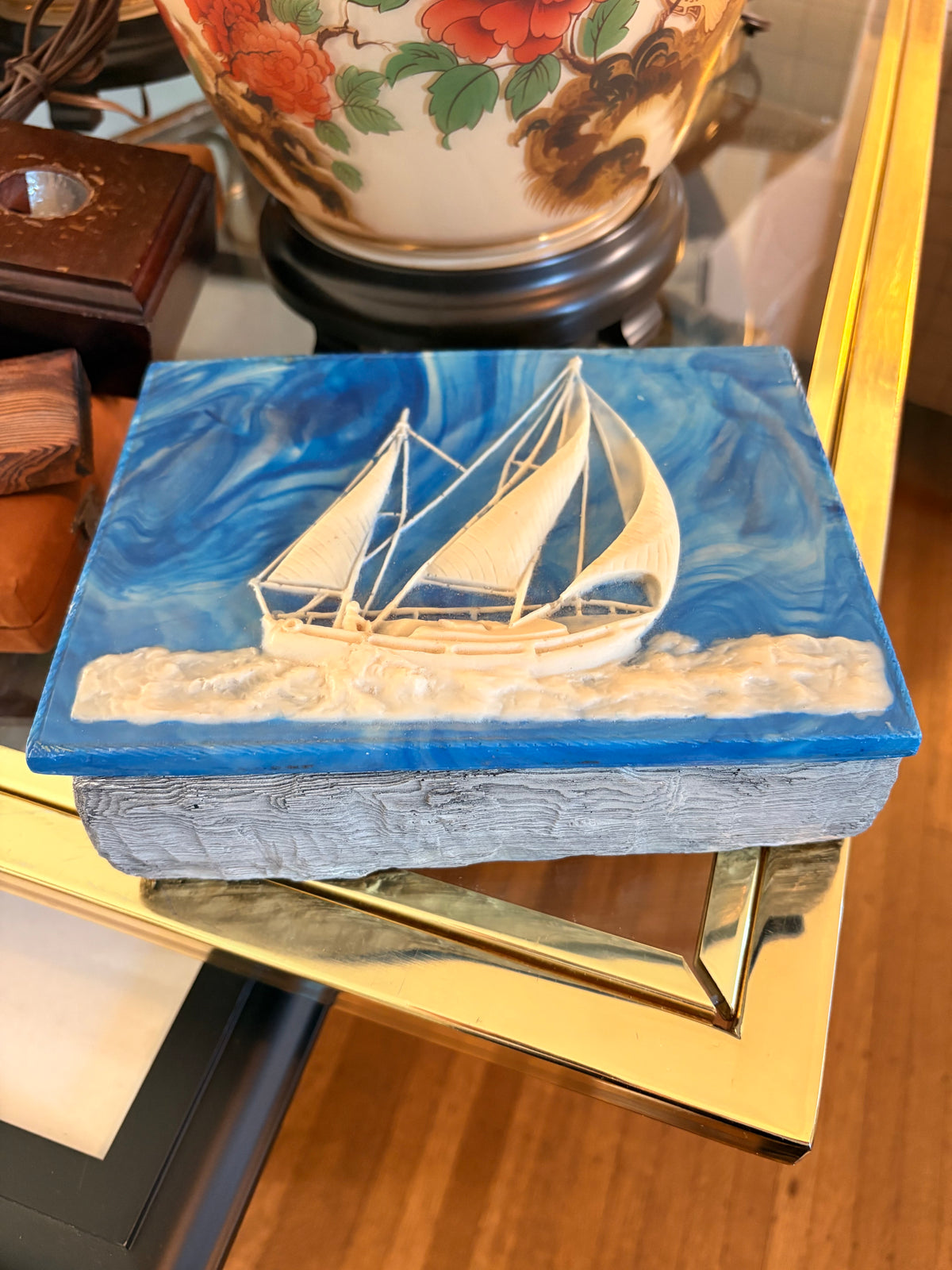 Item #1013 Porcelain Wedgewood Style Sail Boat Box
