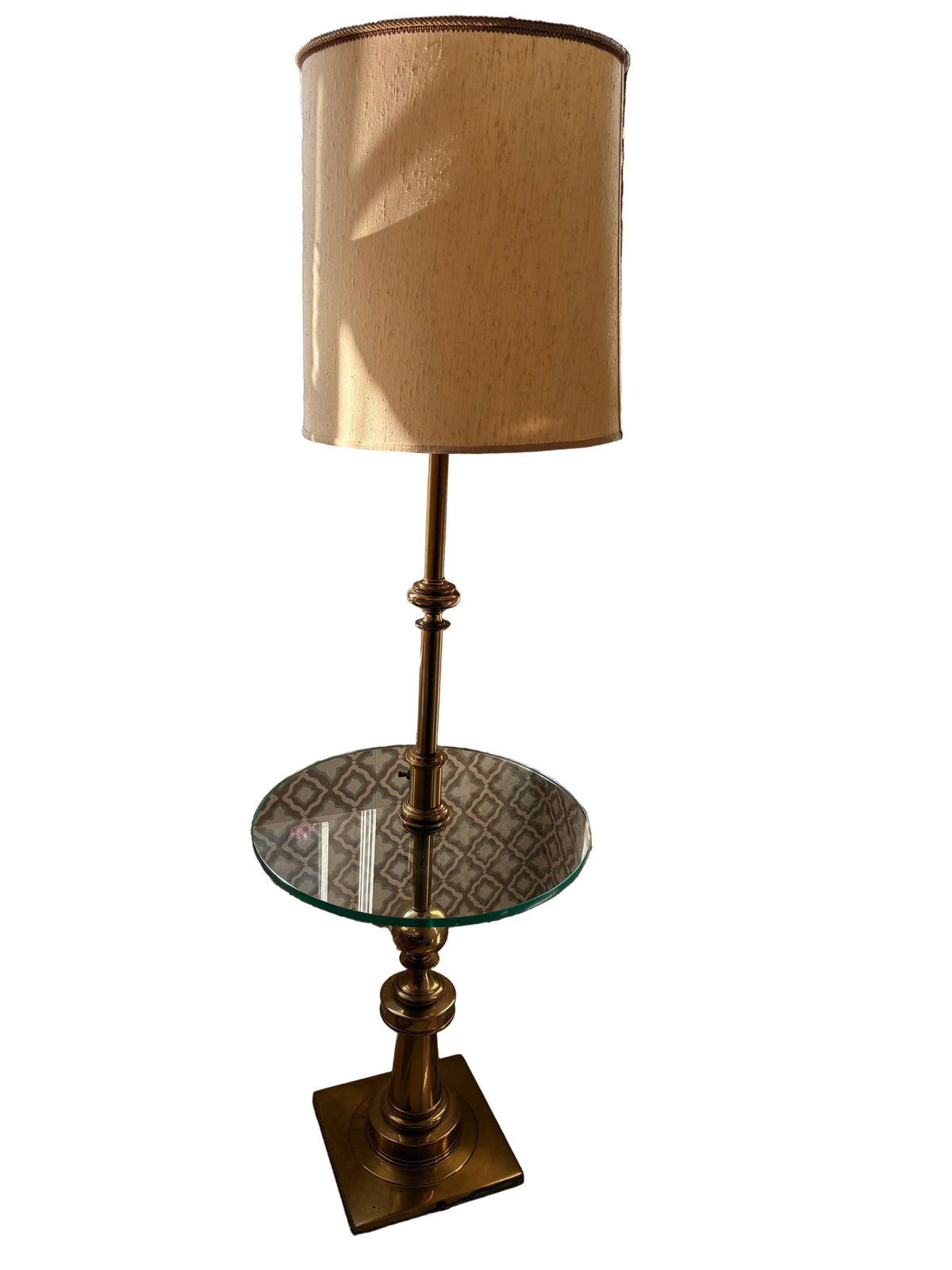 Item #1014 Glass and Brass Floor Lamp Table