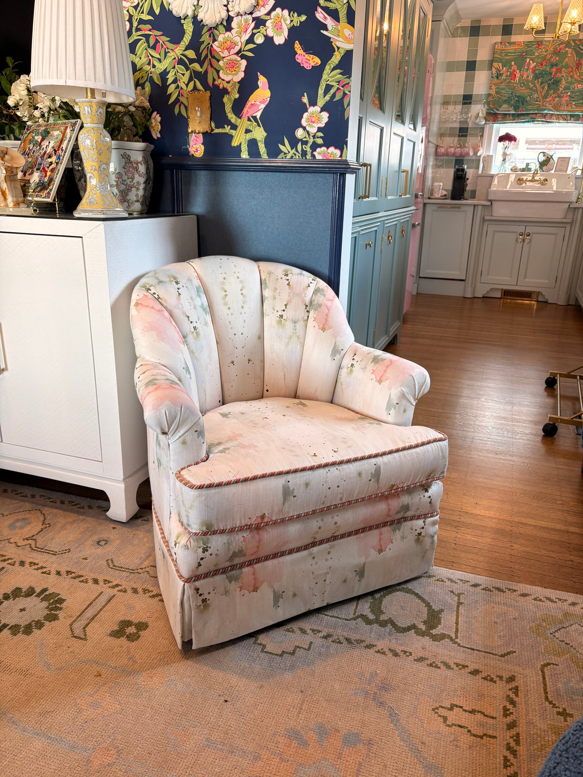 Item #789 Pair of Pembrook Upholstered Swivel Club Chairs, Mid-20th Century