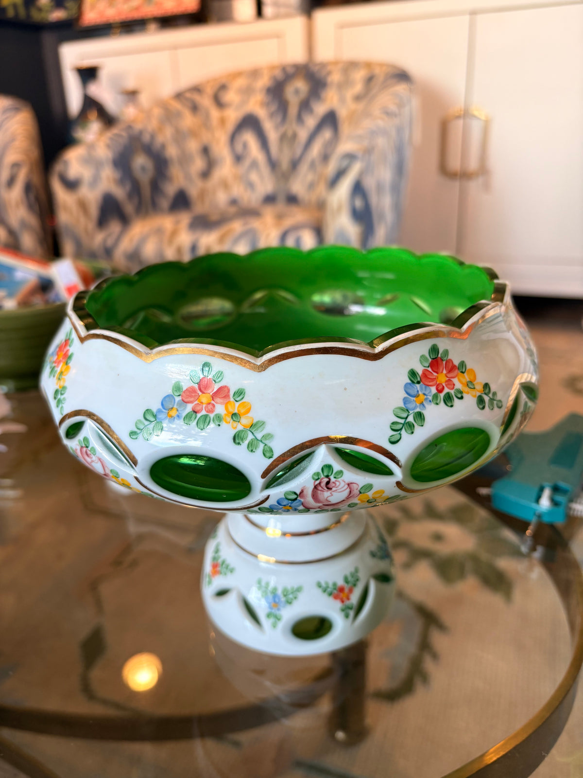 Item #1021 Porcelain and Green Glass Bowl