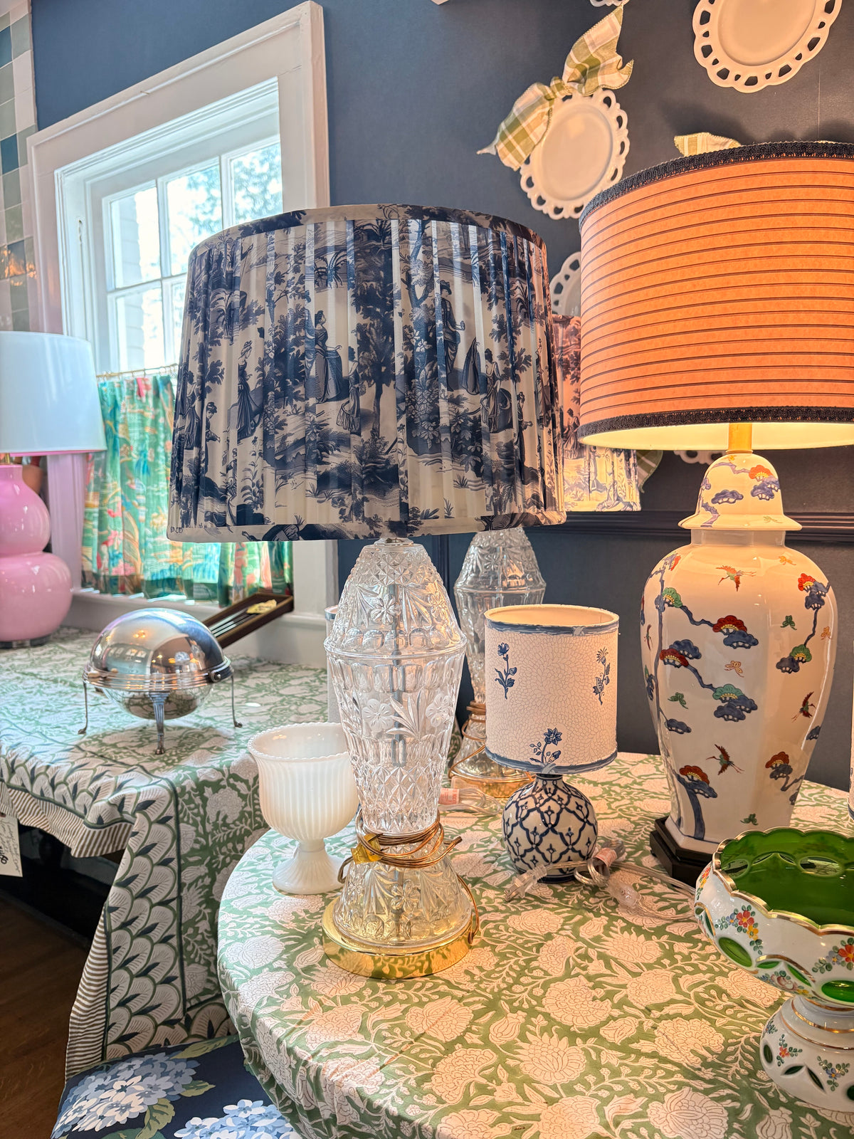 Item #632 Pair of Victorian Style Glass Table Lamps with Pleated Shades, Vintage