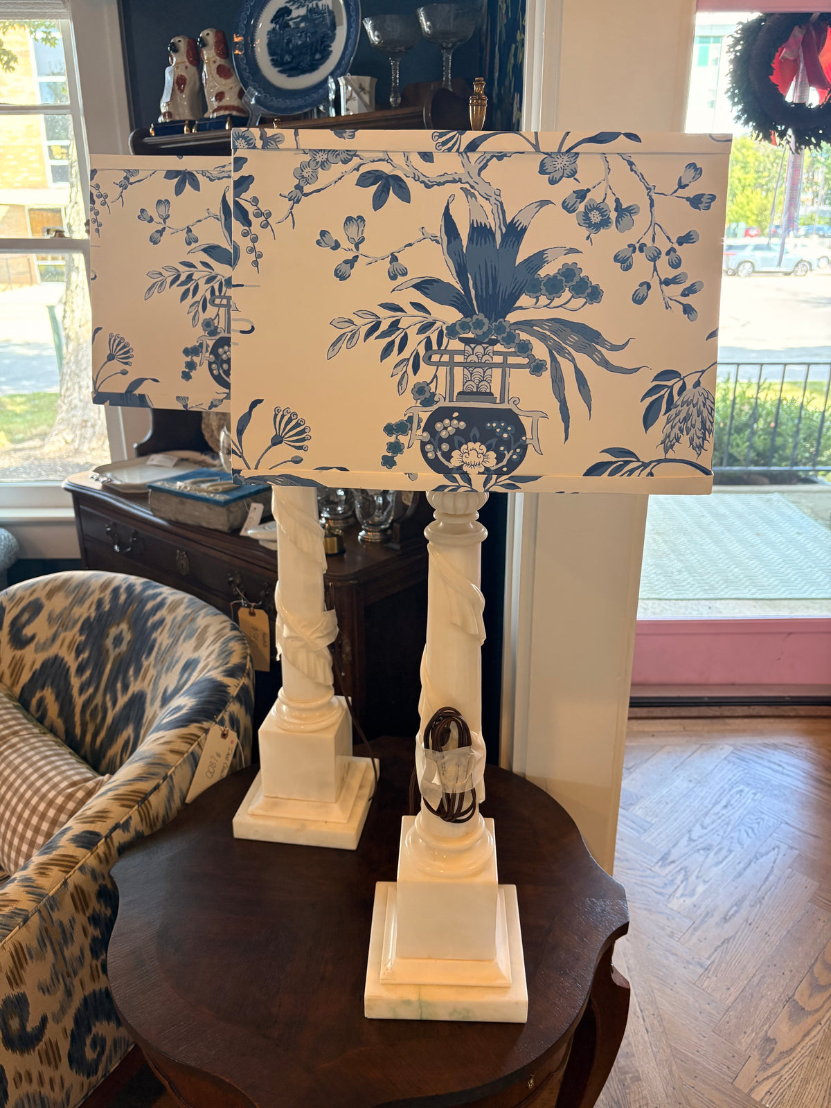 Item #779 Pair of Carved Marble Candlestick Table Lamps with Drum Shades