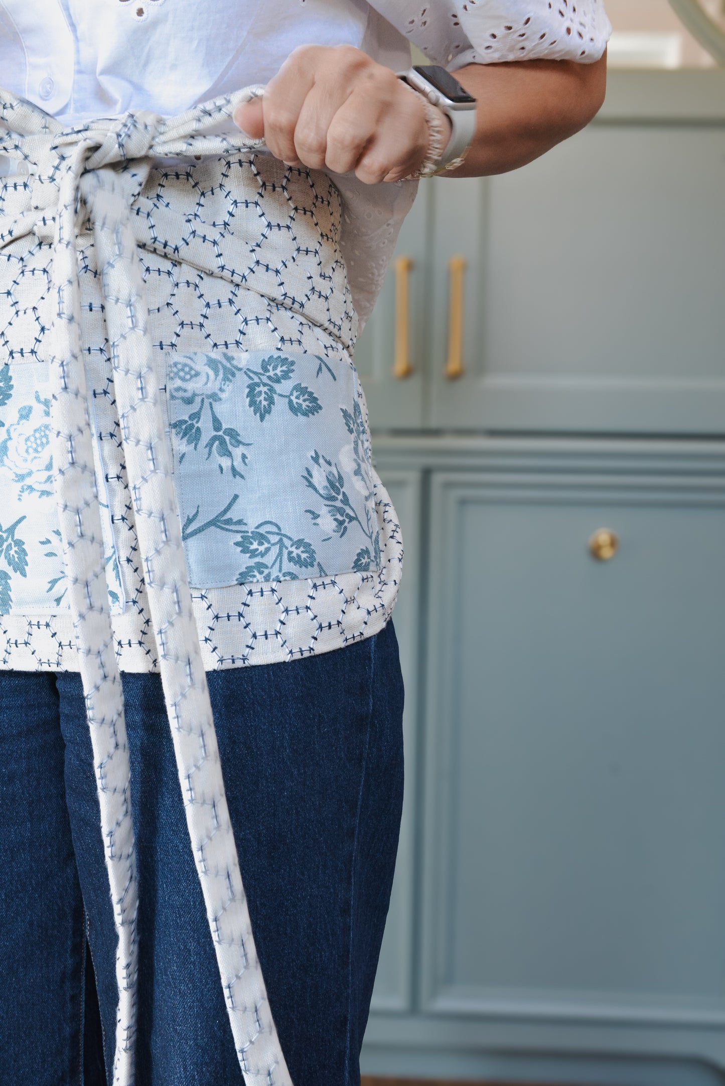 Item #930 Beige and Blue JED Apron