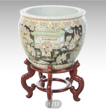 Item #968 Chinese Porcelain Fishbowl Planter with Carved Stand