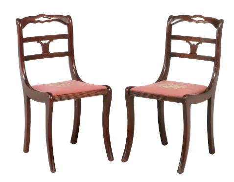 Item #986 Pair of Duncan Phyfe Style Carved Wood Side Chairs with Floral Needlepoint Seats