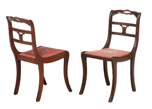 Item #986 Pair of Duncan Phyfe Style Carved Wood Side Chairs with Floral Needlepoint Seats