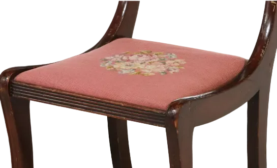 Item #986 Pair of Duncan Phyfe Style Carved Wood Side Chairs with Floral Needlepoint Seats