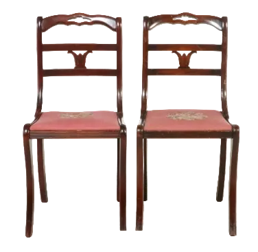 Item #986 Pair of Duncan Phyfe Style Carved Wood Side Chairs with Floral Needlepoint Seats