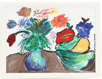 Item #995 Still Life Acrylic Painting of Fruit Bowl and Flowers in Vase by Rachel Gitles