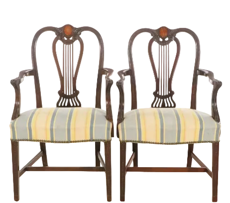 Item #1081 Hepplewhite Style Carved Mahogany Shield-Back Armchairs with Medallion Inlays