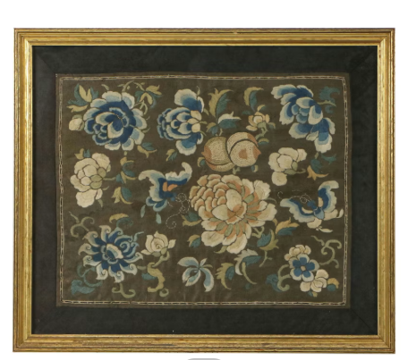 Item #1083 Chinese Style Hand-Embroidered Silk Panel with Peony and Fruit Motif