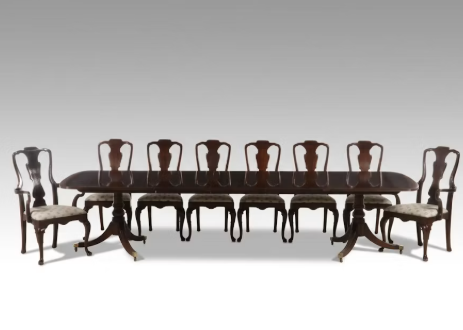Item #1098 Henredon Banded Double Pedestal Dining Room Table with Eight Chairs