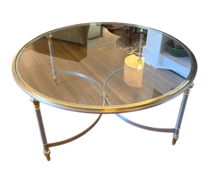Item #628 Italian Regency Style Circular Metal Glass Top Coffee Table
