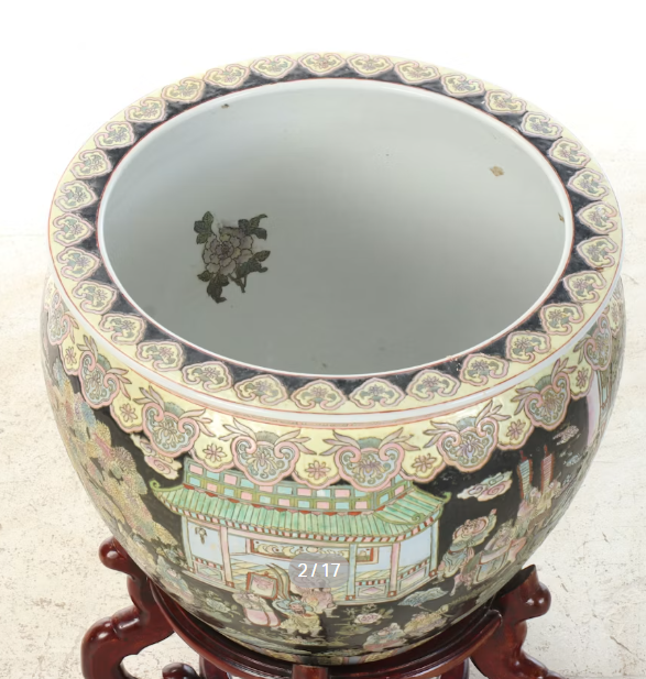 Item #968 Chinese Porcelain Fishbowl Planter with Carved Stand