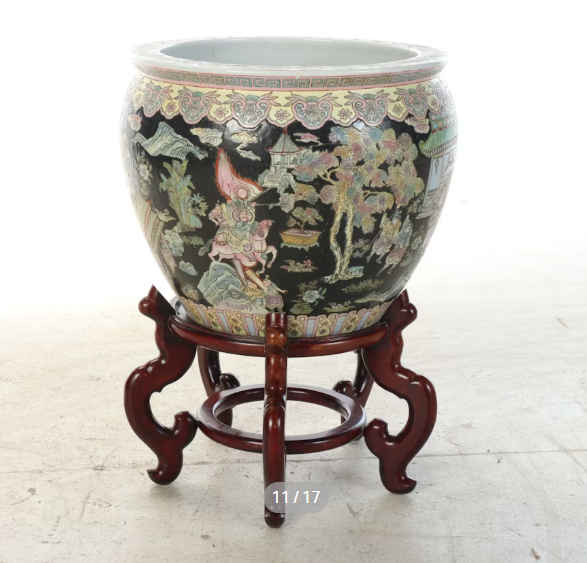 Item #968 Chinese Porcelain Fishbowl Planter with Carved Stand