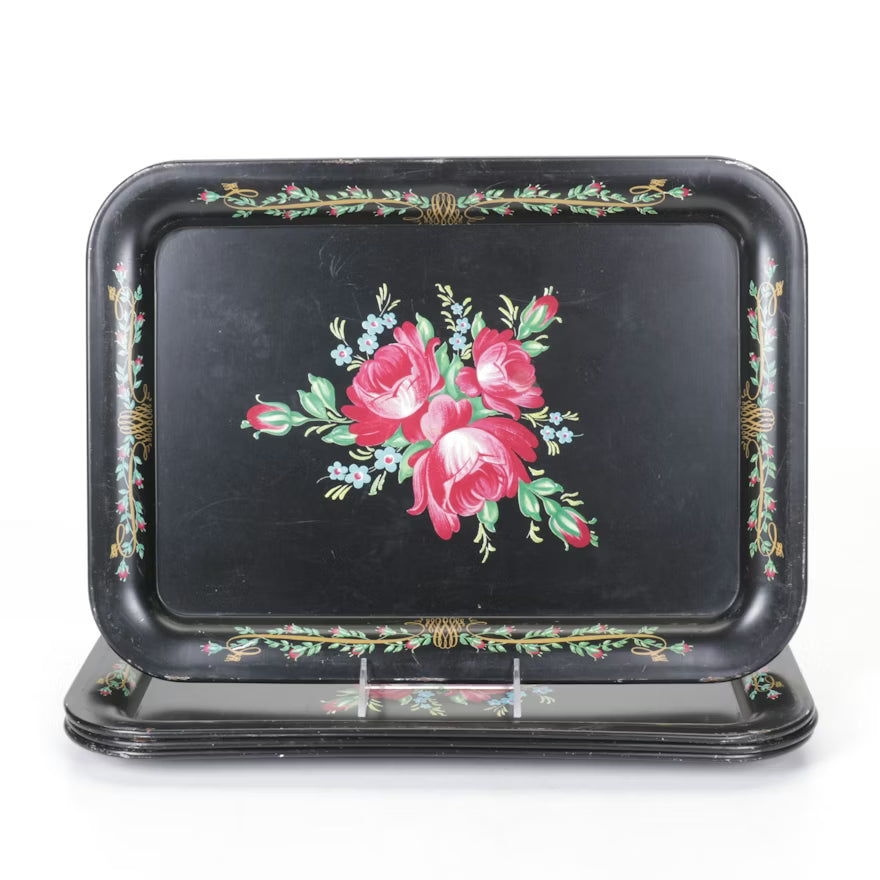 Item# 750 Aluminum Dinner Trays with Litho Printed Flowers, Mid-20th Century