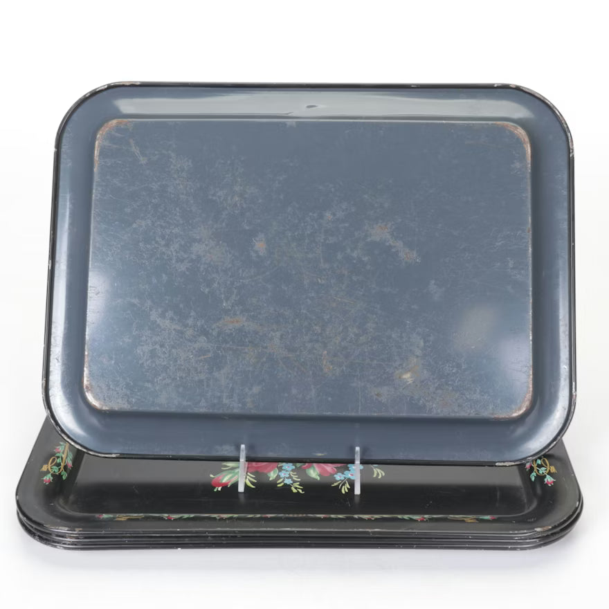 Item# 750 Aluminum Dinner Trays with Litho Printed Flowers, Mid-20th Century
